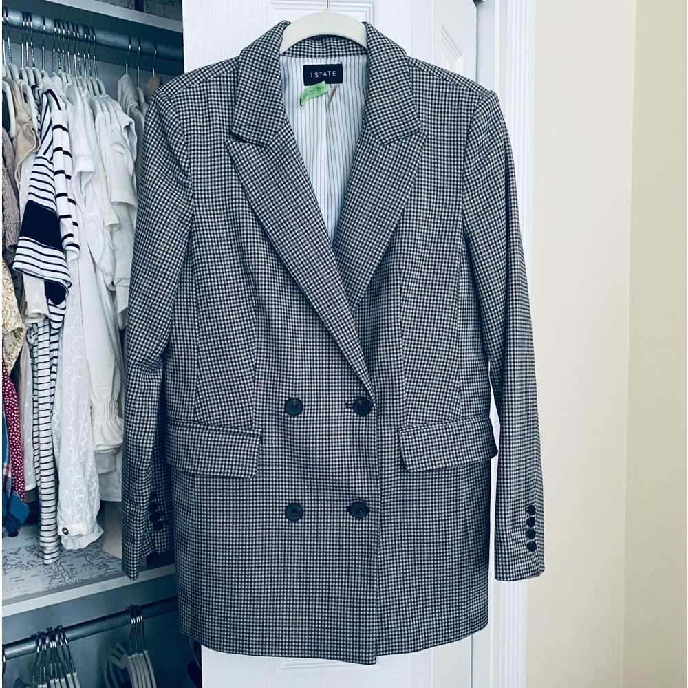 1.State Plaid Double Breasted Blazer